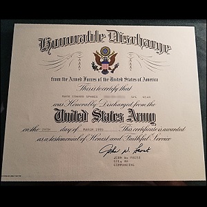 Mark Spahos honorable discharge plaque from the Army